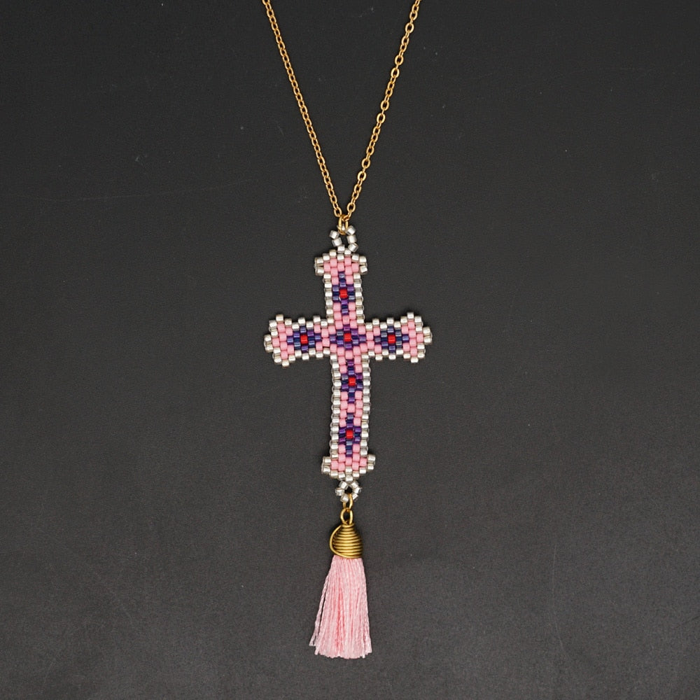 Go2Boho Cross Necklace for Women Jewellery 2022 Christian Jewelry Bohemian Colorful Pendant Collier Tassel Necklaces