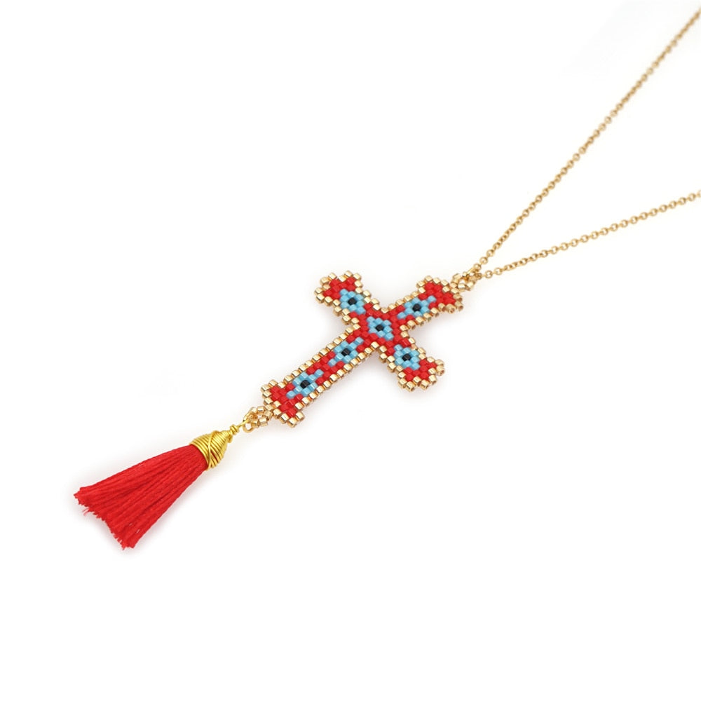 Go2Boho Cross Necklace for Women Jewellery 2022 Christian Jewelry Bohemian Colorful Pendant Collier Tassel Necklaces