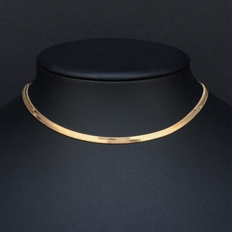 Gold Blade Chain Choker Necklace Women Flat Snake Necklace Gold Silver Color Flat Herringbone Choker Layer Lobster Buckle Choker