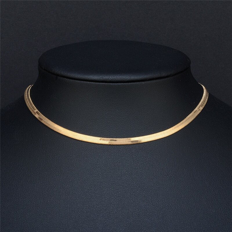 Gold Blade Chain Choker Necklace Women Flat Snake Necklace Gold Silver Color Flat Herringbone Choker Layer Lobster Buckle Choker