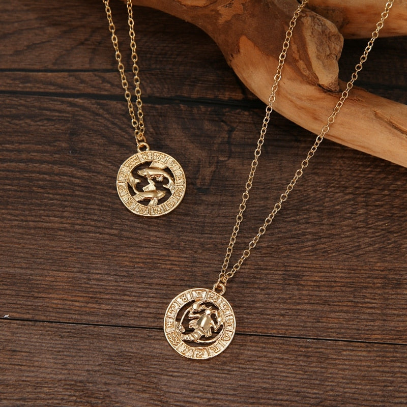 Gold Color 12 Horoscope Zodiac Sign Pendant Necklace For Women Men Constellations Jewelry Gift Dropship