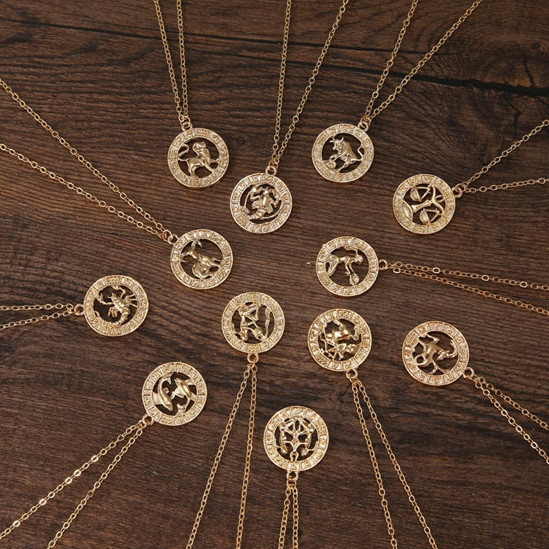 Gold Color 12 Horoscope Zodiac Sign Pendant Necklace For Women Men Constellations Jewelry Gift Dropship