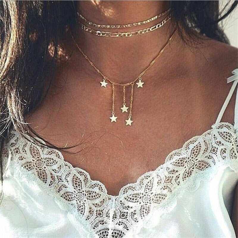 Gold Color Chain Jewelry Boho Gold Color Star Pendant Necklaces For Women Tassel Necklace Kolye