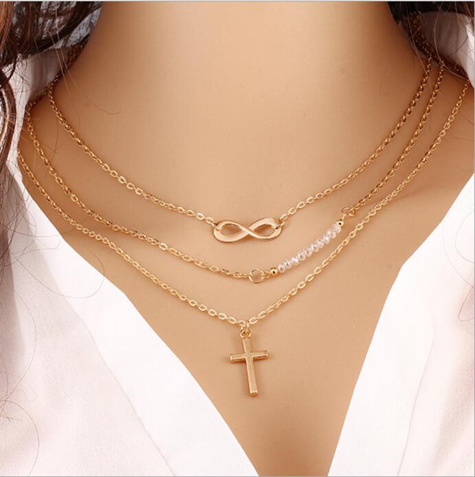 Gold Color Chain Number Eight  Beads cross Choker Necklace for Women Bijou Necklaces Pendants Simple Boho Layering Chokers