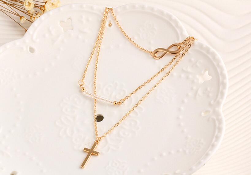 Gold Color Chain Number Eight  Beads cross Choker Necklace for Women Bijou Necklaces Pendants Simple Boho Layering Chokers