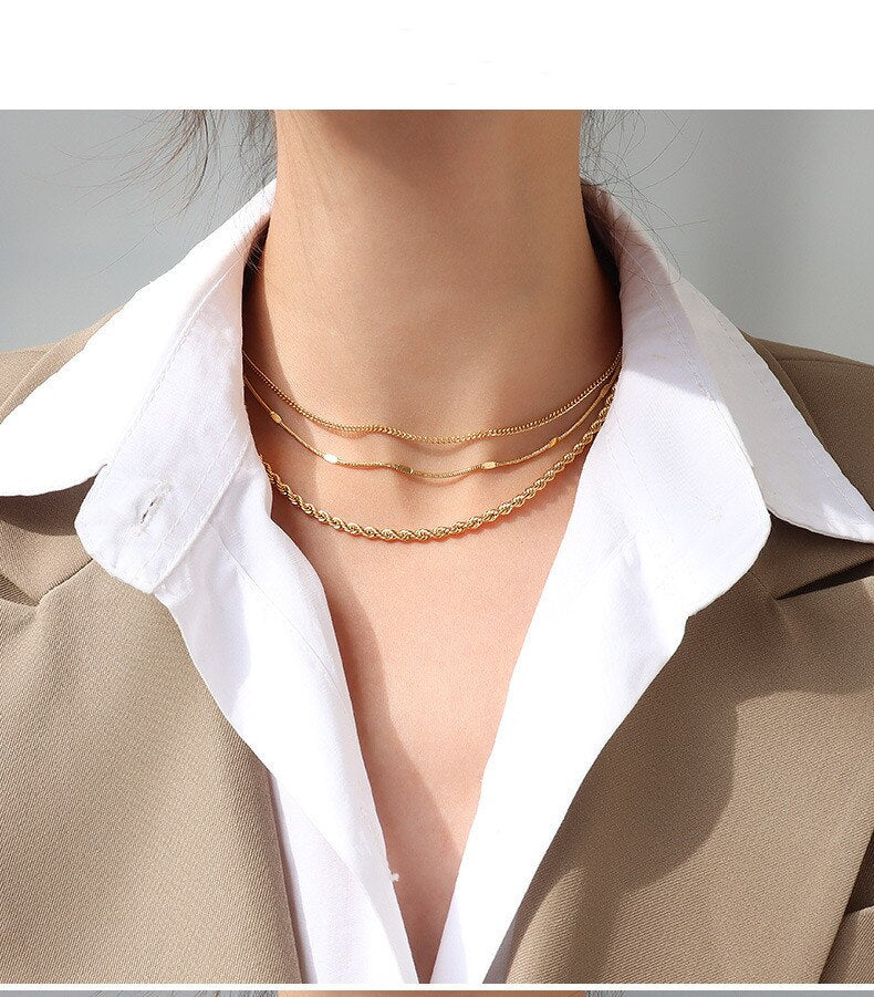 Gold Color Cuban Snake Rope Shape Chains Necklace Collars Stainless Steel Mixed Style Long Chains  Party Gift