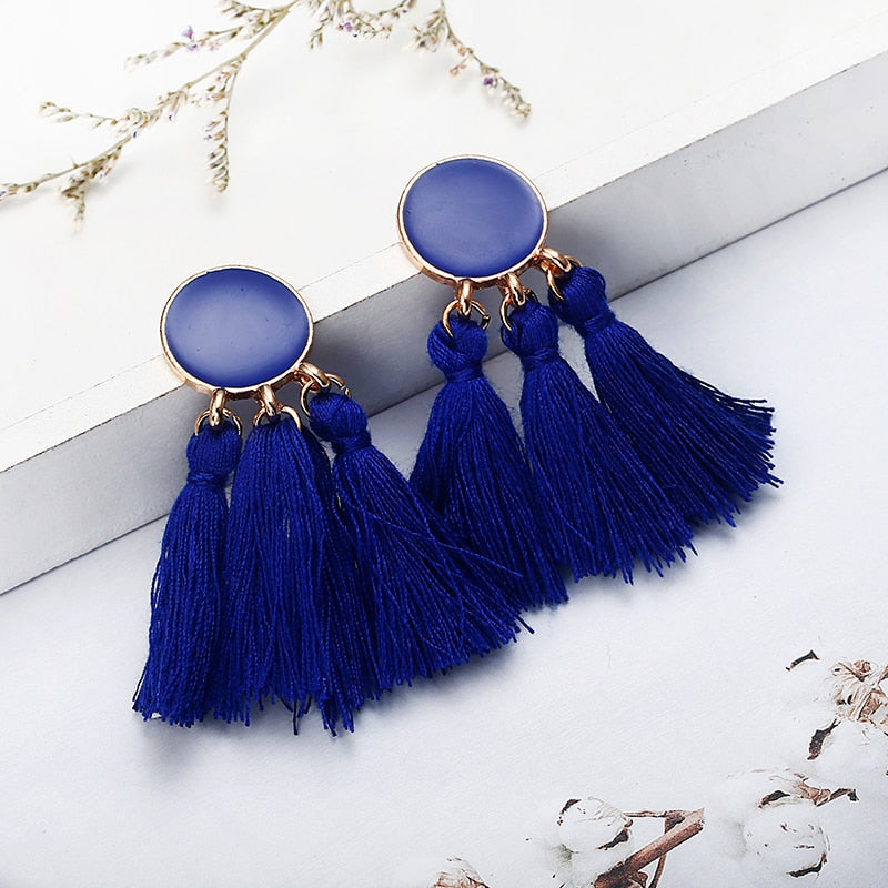 Gold Color Fashion Statement Tassel Earrings Round Drop Earrings for Women Female Sequin Wedding Long Fringed Earrings Jewelry