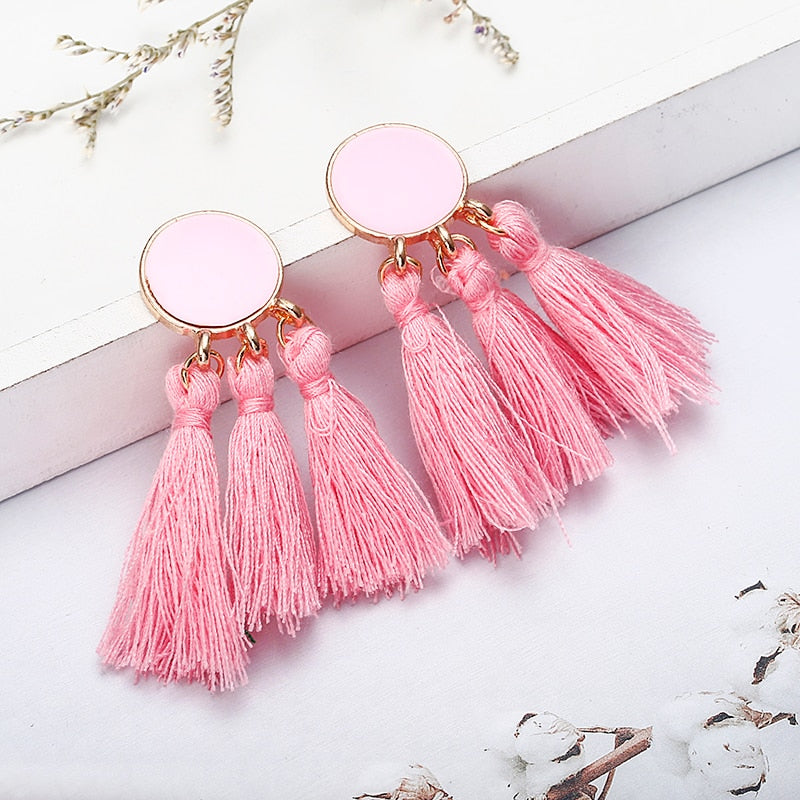 Gold Color Fashion Statement Tassel Earrings Round Drop Earrings for Women Female Sequin Wedding Long Fringed Earrings Jewelry