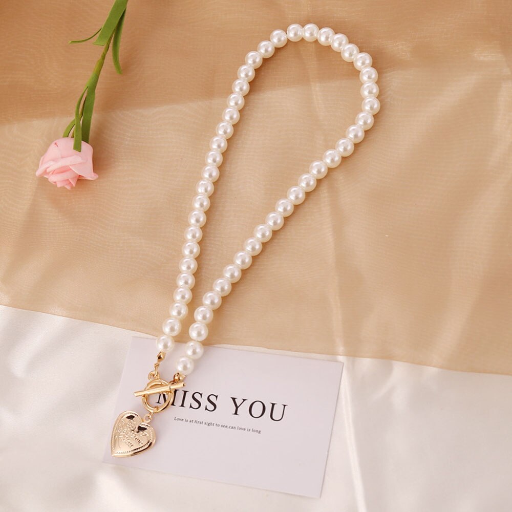 Gold Color Heart locket Pendant Necklace For Women Imitation Pearls Choker Necklaces Female Jewelry