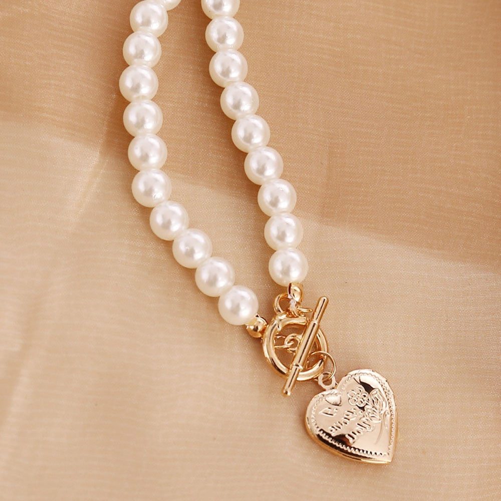 Gold Color Heart locket Pendant Necklace For Women Imitation Pearls Choker Necklaces Female Jewelry