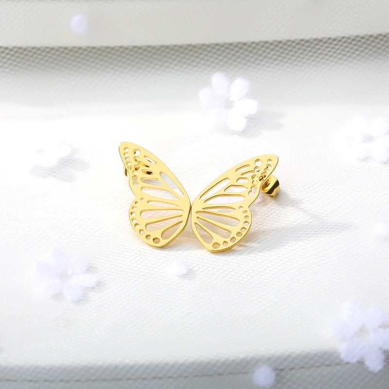 Gold Color Hollow Butterfly Small Earrings Elegant Fan Shaped Women Stainless Steel Stud Earrings Jewelry Pendientes BFF