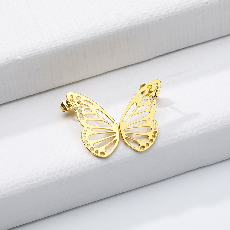 Gold Color Hollow Butterfly Small Earrings Elegant Fan Shaped Women Stainless Steel Stud Earrings Jewelry Pendientes BFF
