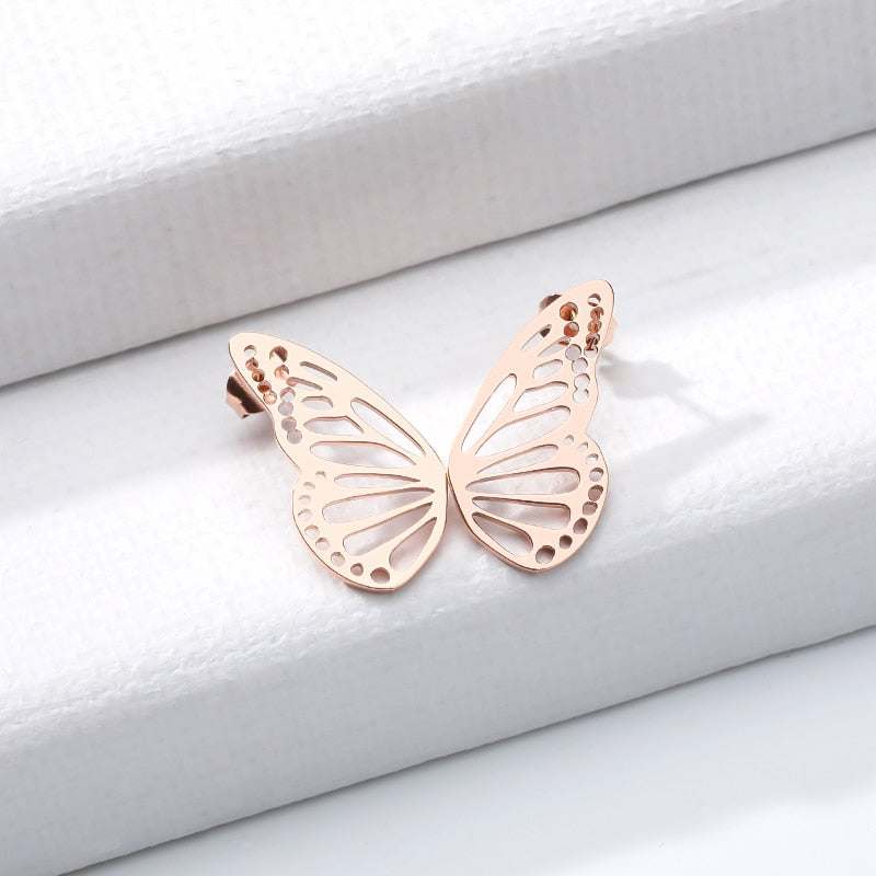 Gold Color Hollow Butterfly Small Earrings Elegant Fan Shaped Women Stainless Steel Stud Earrings Jewelry Pendientes BFF
