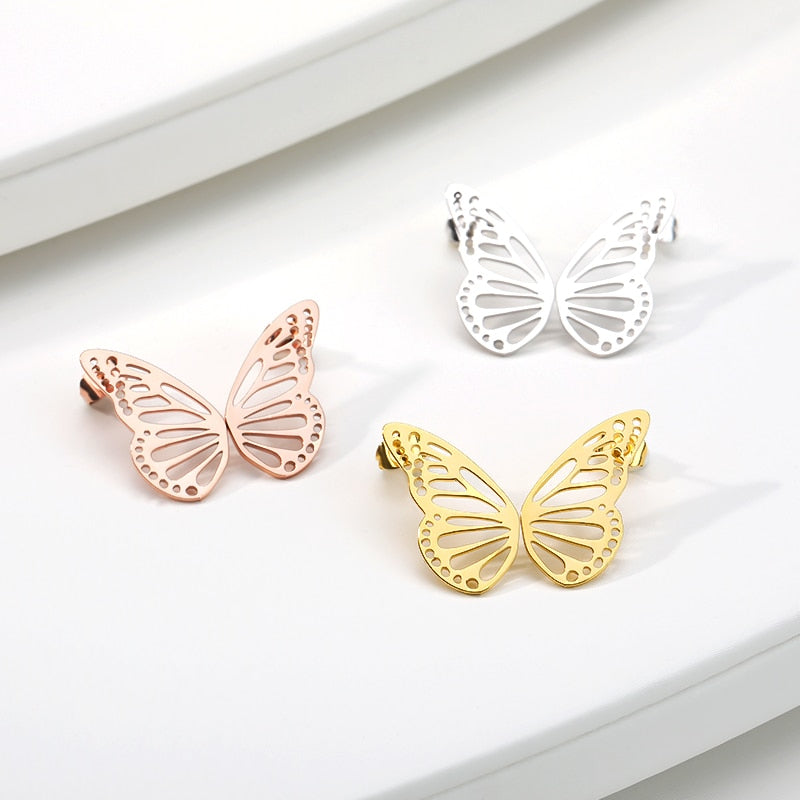 Gold Color Hollow Butterfly Small Earrings Elegant Fan Shaped Women Stainless Steel Stud Earrings Jewelry Pendientes BFF