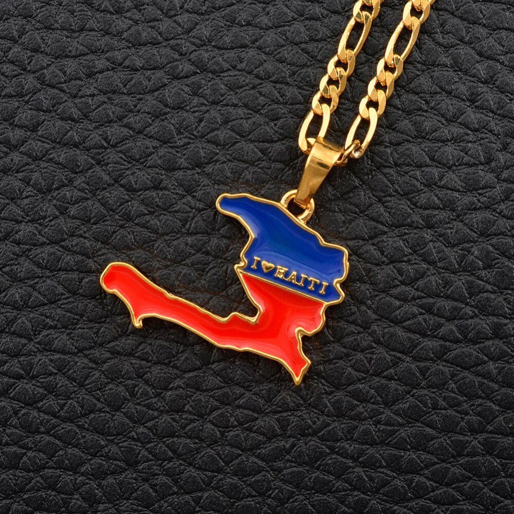 Gold Color  I LOVE HAITI Flag Map Pendants Necklace Ayiti Jewelry Maps of Haiti More Map Design Go To My Store #J0607