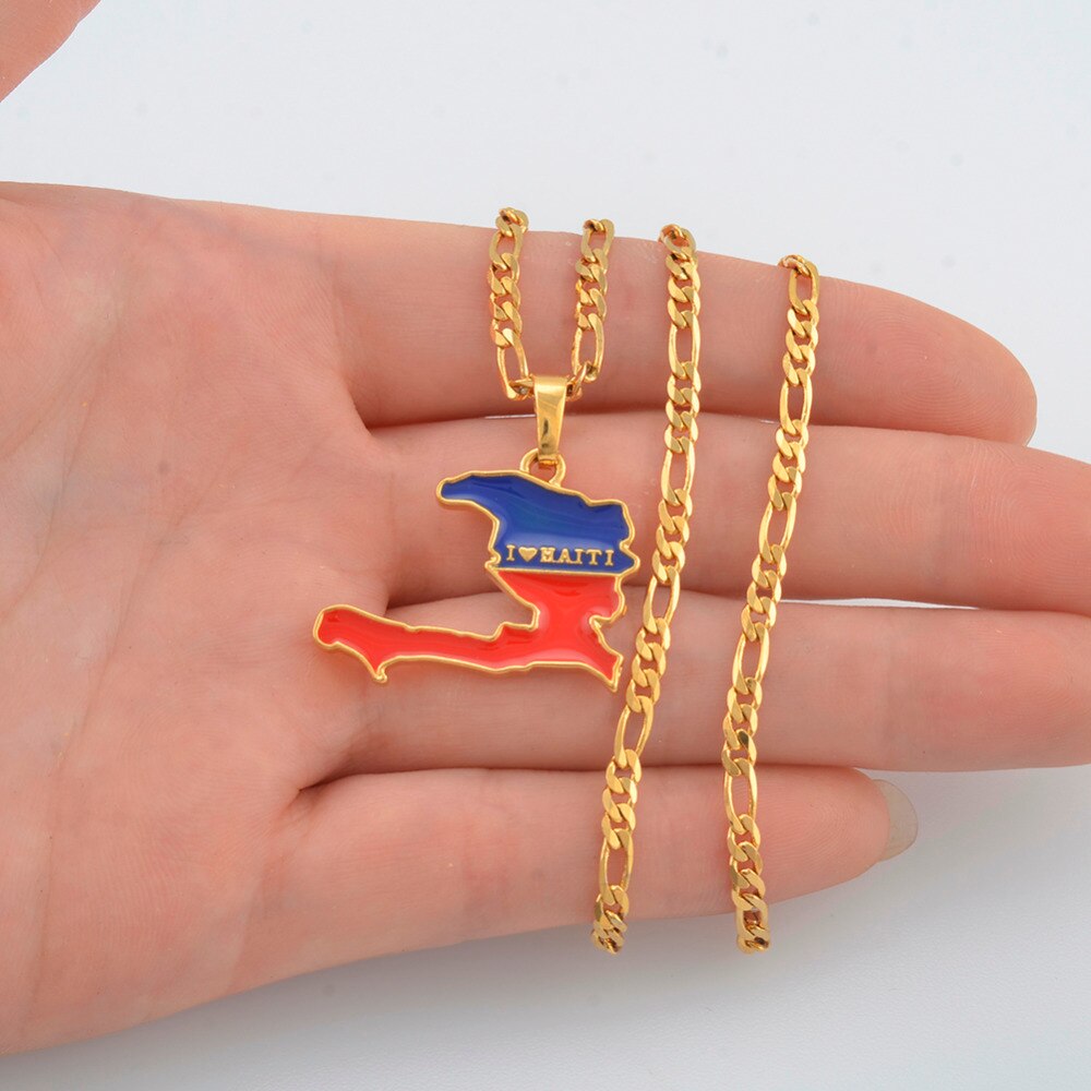 Gold Color  I LOVE HAITI Flag Map Pendants Necklace Ayiti Jewelry Maps of Haiti More Map Design Go To My Store #J0607
