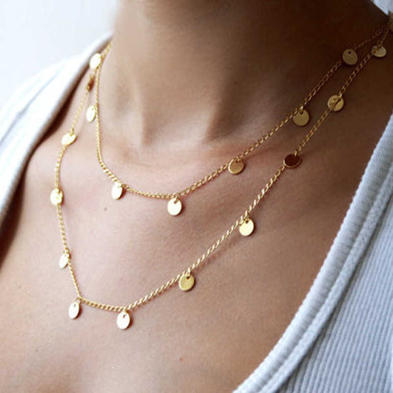 Gold Color Necklace Drop Dangle Ladies Chain Pendant Boho Choker Long Double Sequin Necklace