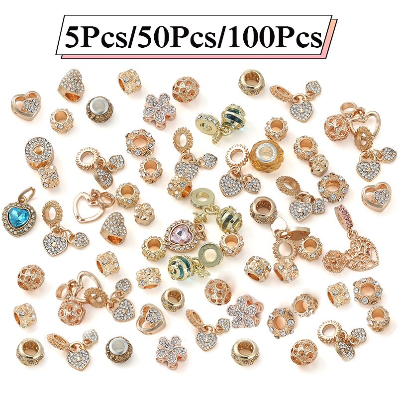 Gold Color Sparkling Mixed Random Pendant  Beads Fit Original Brand Charm Bracelet Necklaces For Women Jewelry Making 1000 Style