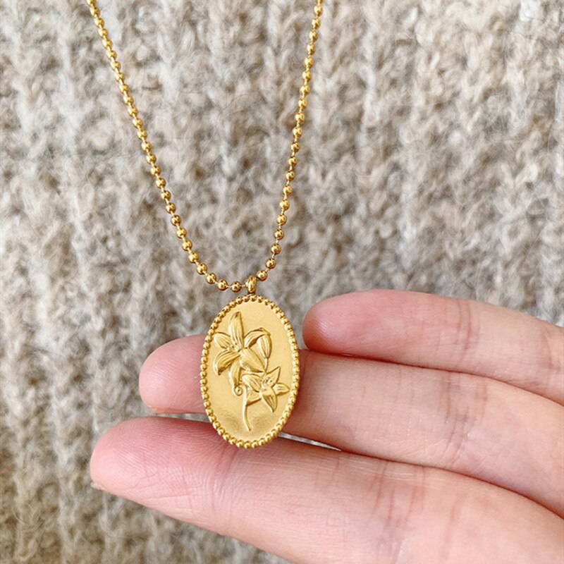 Gold Color Stainless Steel Oval Lily Flower Pendant Necklaces For Woman Jewelry, Long Beads Chain Necklace Female Accessories