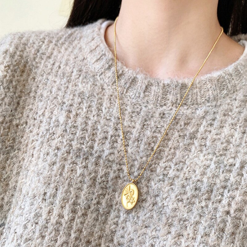 Gold Color Stainless Steel Oval Lily Flower Pendant Necklaces For Woman Jewelry, Long Beads Chain Necklace Female Accessories