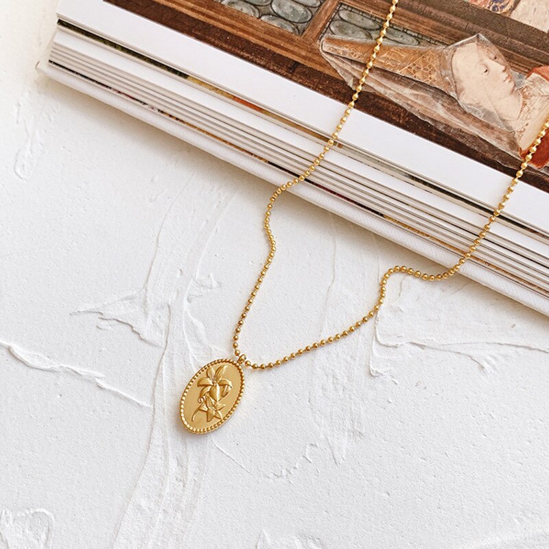 Gold Color Stainless Steel Oval Lily Flower Pendant Necklaces For Woman Jewelry, Long Beads Chain Necklace Female Accessories