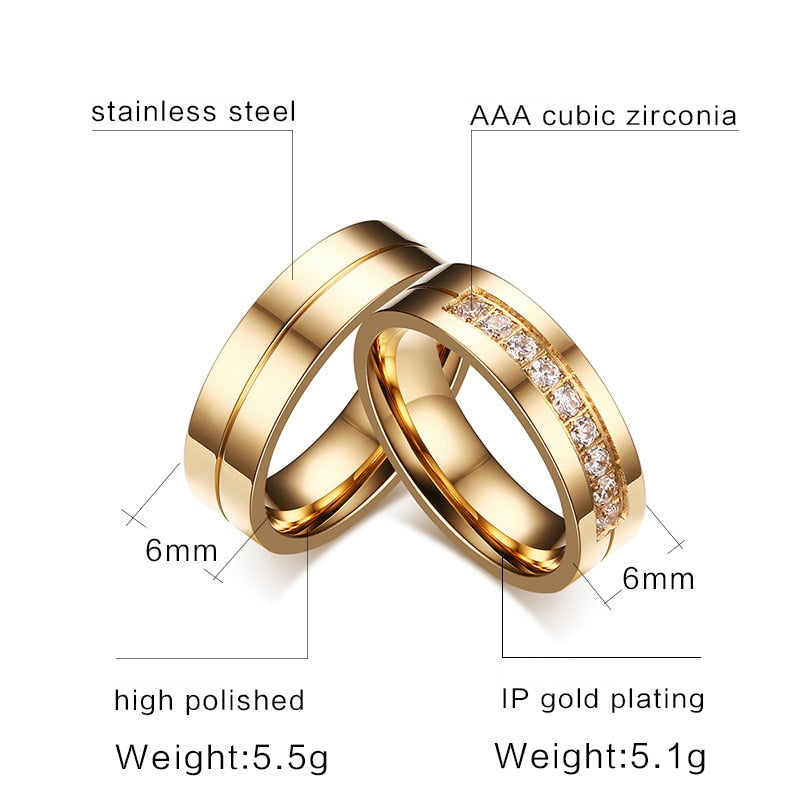 Gold Color Wedding Bands Rings for Women Men High Quality CZ Engagement Couple Promise Ring Anniversary Alliance Jewelry Gift
