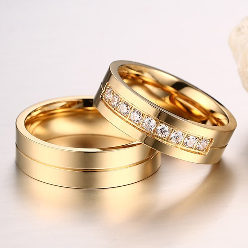 Gold Color Wedding Bands Rings for Women Men High Quality CZ Engagement Couple Promise Ring Anniversary Alliance Jewelry Gift