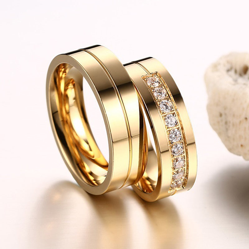 Gold Color Wedding Bands Rings for Women Men High Quality CZ Engagement Couple Promise Ring Anniversary Alliance Jewelry Gift