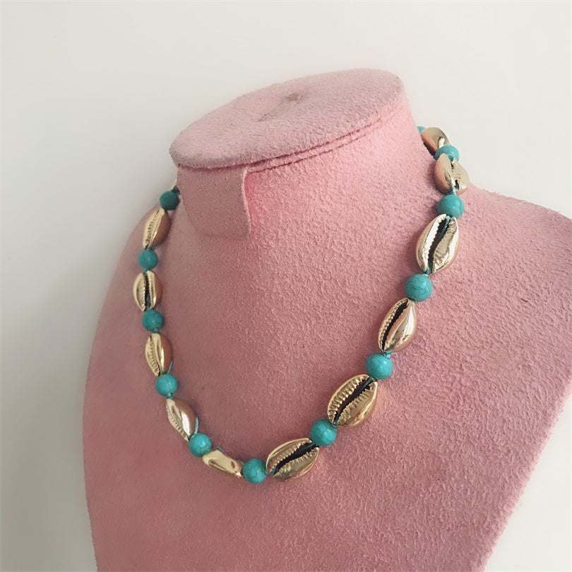 Gold Cowrie Fashion Charm Natural Stone Shell Turquoises Necklace For Woman Man Girl Retro Personality Necklace Jewelry Gift