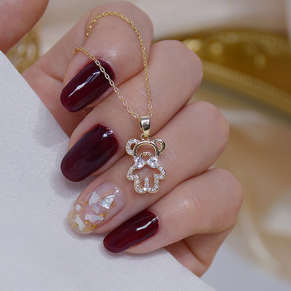 Gold Cute Bear Short Necklace for Women Girl Shine Zircon Choker Birthday Gift Wedding Jewelry Pendant Gifts 1Pcs