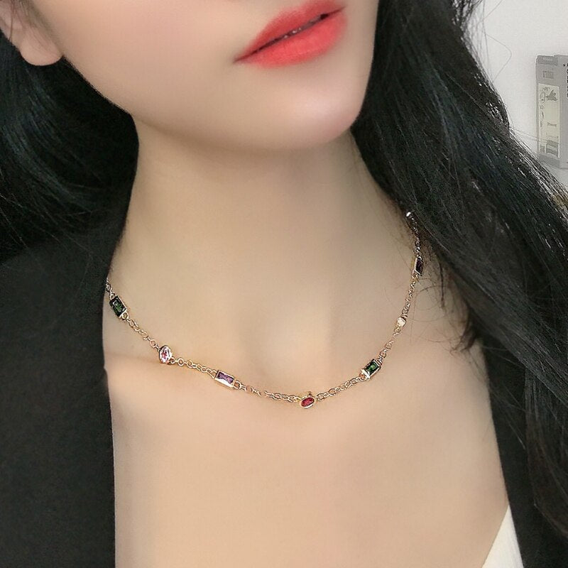 Gold Filled Rainbow Necklace with Charm Colorful Zirconia Stone Choker Necklace Rainbow Woman colgantes mujer moda
