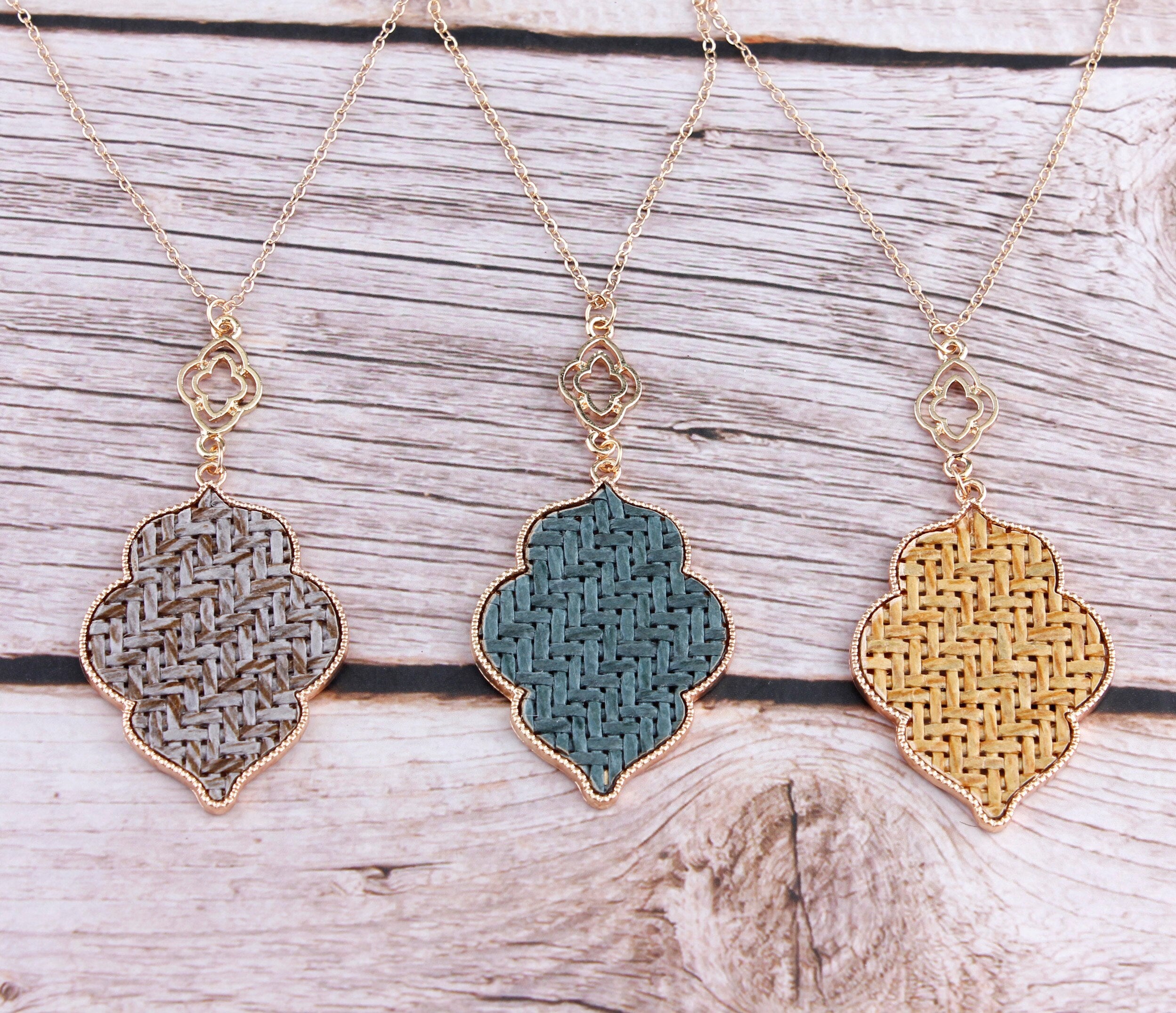 Gold Frame Border Teardrop Magnolia Pendant Necklace Moroccan Pendant Necklaces Long Chain Moroccan Pendant Necklaces