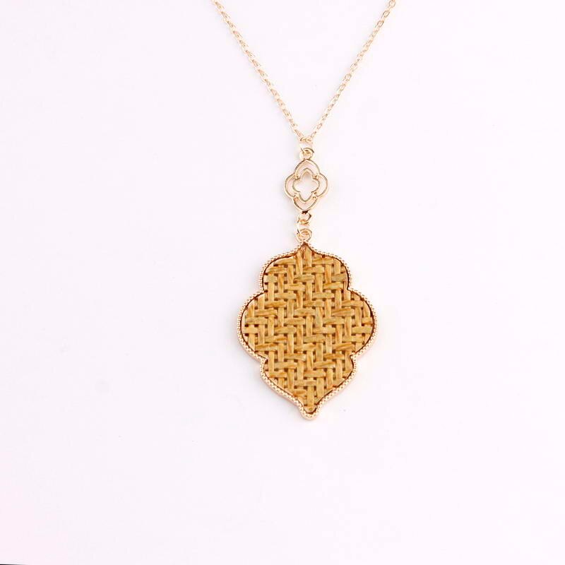 Gold Frame Border Teardrop Magnolia Pendant Necklace Moroccan Pendant Necklaces Long Chain Moroccan Pendant Necklaces