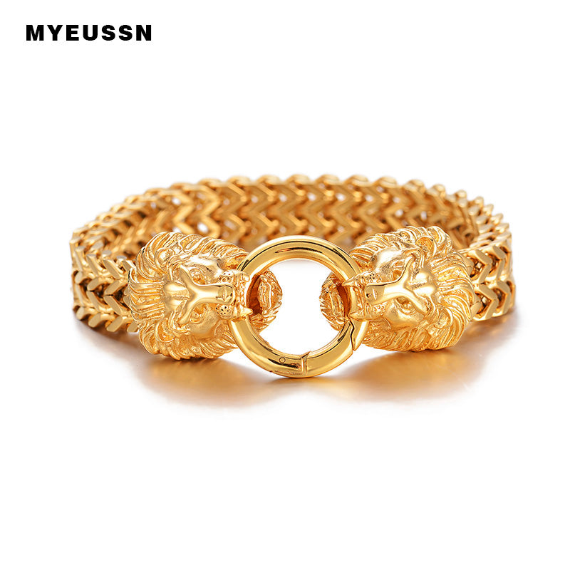 Gold Lion Heads Clasp Double Foxtail Box Link Bracelet For Men Father's D Gift 316L Stainelss Steel Charm Hop Jewelry