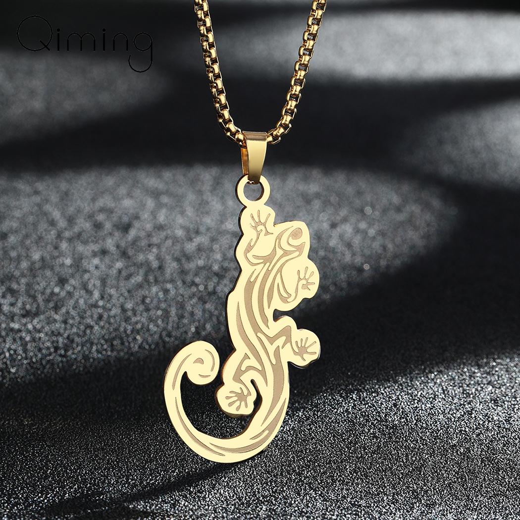 Gold Plated Lizard Pendant Animal Necklace For Men Jewelry Vintage Punk Stainless Steel Choker Necklace Gift