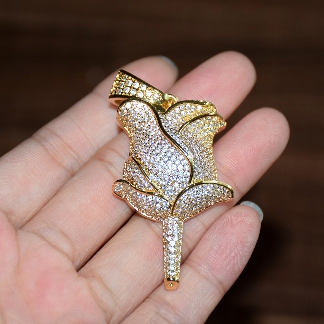 Gold Rose Flower Petals Necklace & Pendant With Tennis Chain Silver Color Iced Out Cubic Zircon Men's hop Jewelry For Gift