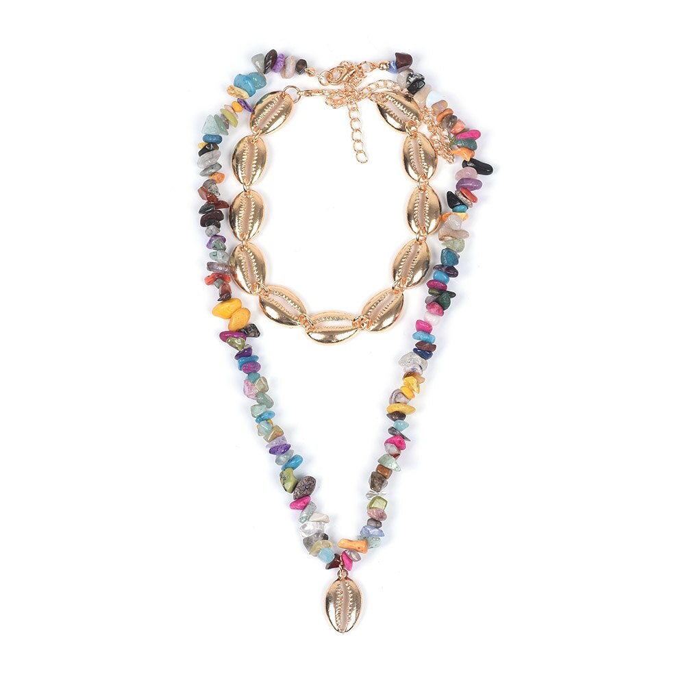 Gold Shell Necklace Two Layers Tropical Hawaiian Statement Colorful Macadam Choker Female Sea Beach Bohemia Jewelry