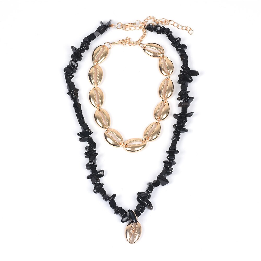 Gold Shell Necklace Two Layers Tropical Hawaiian Statement Colorful Macadam Choker Female Sea Beach Bohemia Jewelry