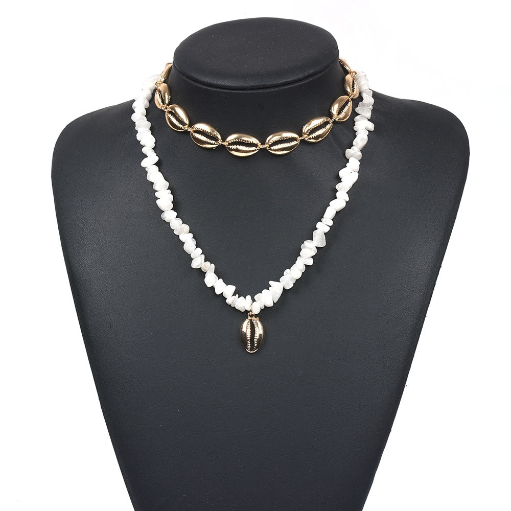 Gold Shell Necklace Two Layers Tropical Hawaiian Statement Colorful Macadam Choker Female Sea Beach Bohemia Jewelry