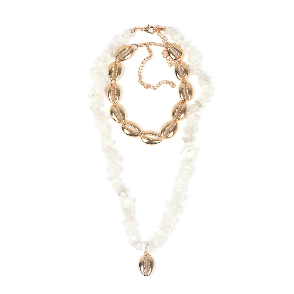 Gold Shell Necklace Two Layers Tropical Hawaiian Statement Colorful Macadam Choker Female Sea Beach Bohemia Jewelry