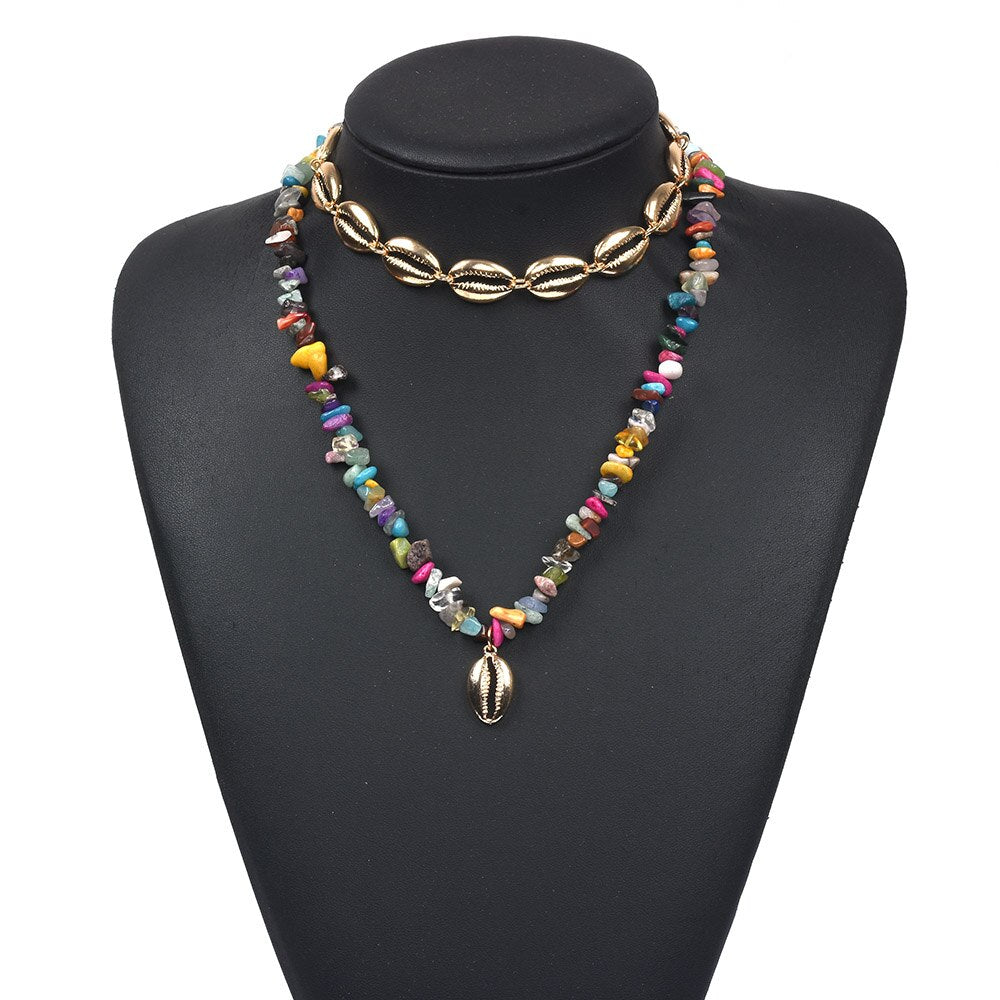 Gold Shell Necklace Two Layers Tropical Hawaiian Statement Colorful Macadam Choker Female Sea Beach Bohemia Jewelry