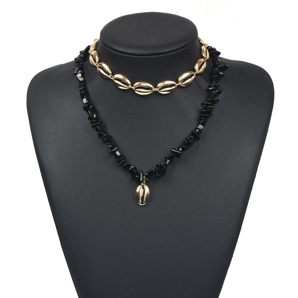 Gold Shell Necklace Two Layers Tropical Hawaiian Statement Colorful Macadam Choker Female Sea Beach Bohemia Jewelry
