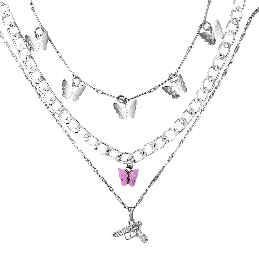 Gold Silver Color Multi Layered Rhinestone Tennis Choker Necklace For Women Shining Crystal AK47 Gun Pendants Long Chain Jewelry