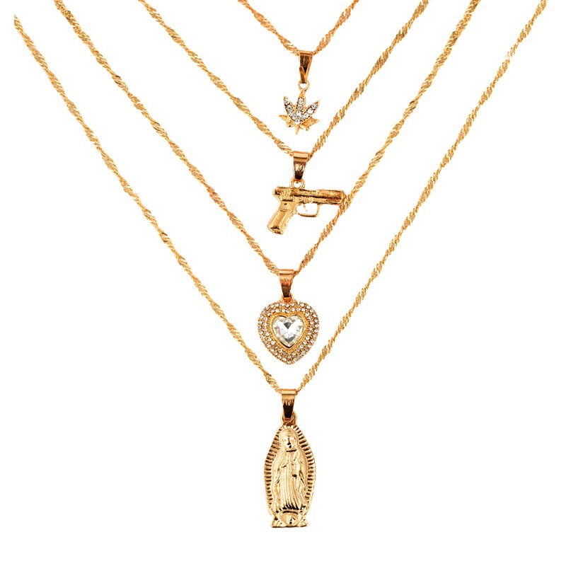 Gold Silver Color Multi Layered Rhinestone Tennis Choker Necklace For Women Shining Crystal AK47 Gun Pendants Long Chain Jewelry