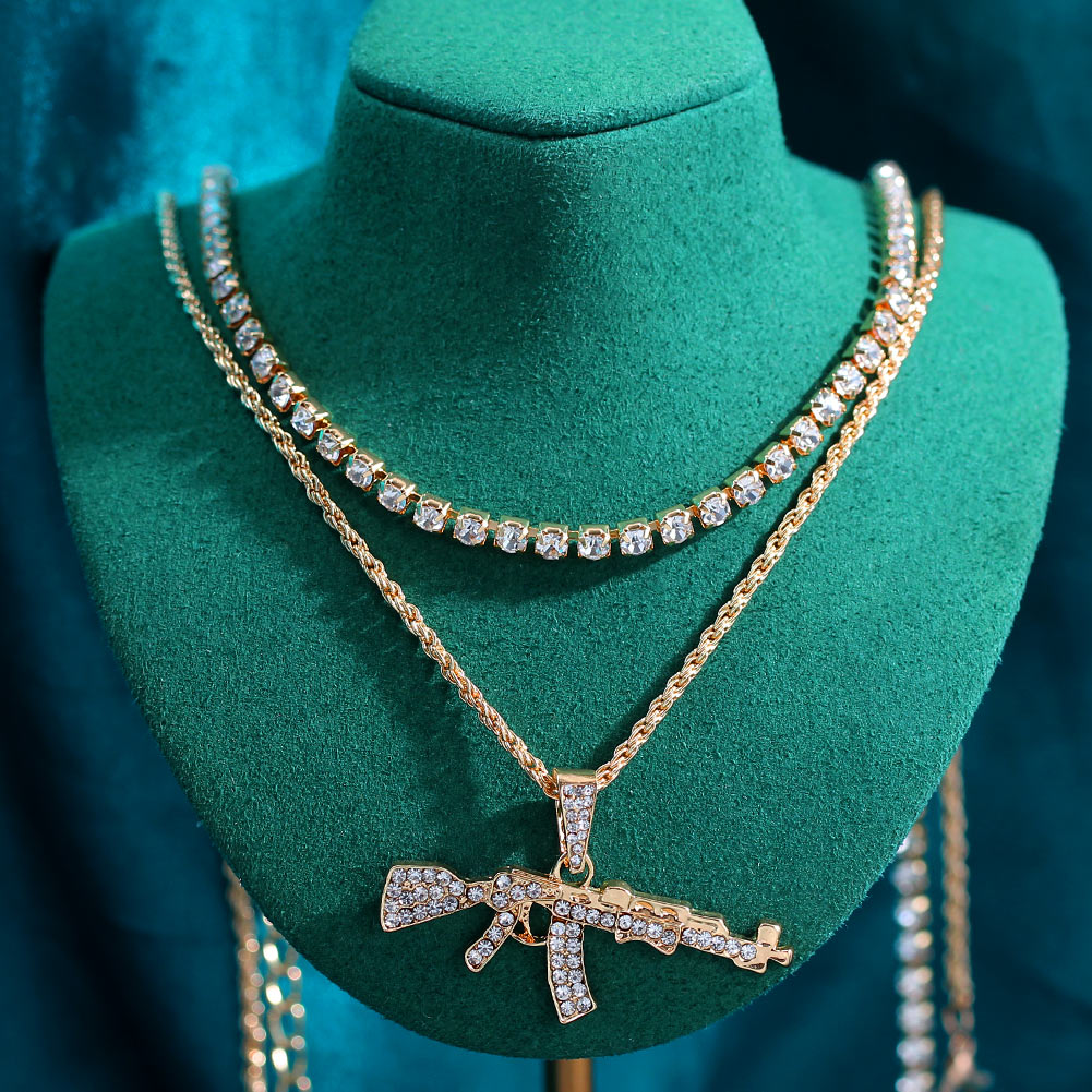 Gold Silver Color Multi Layered Rhinestone Tennis Choker Necklace For Women Shining Crystal AK47 Gun Pendants Long Chain Jewelry