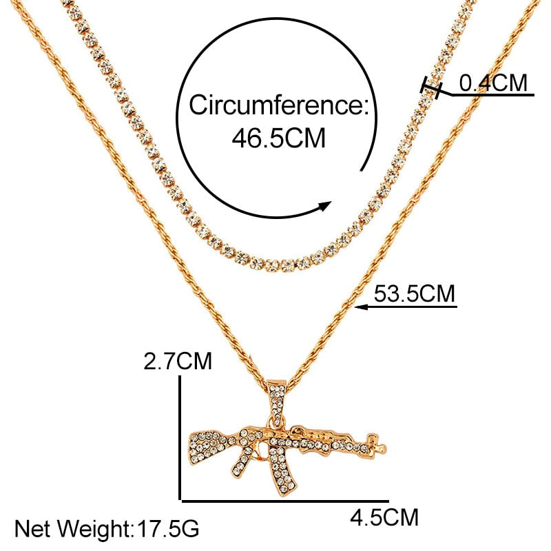 Gold Silver Color Multi Layered Rhinestone Tennis Choker Necklace For Women Shining Crystal AK47 Gun Pendants Long Chain Jewelry