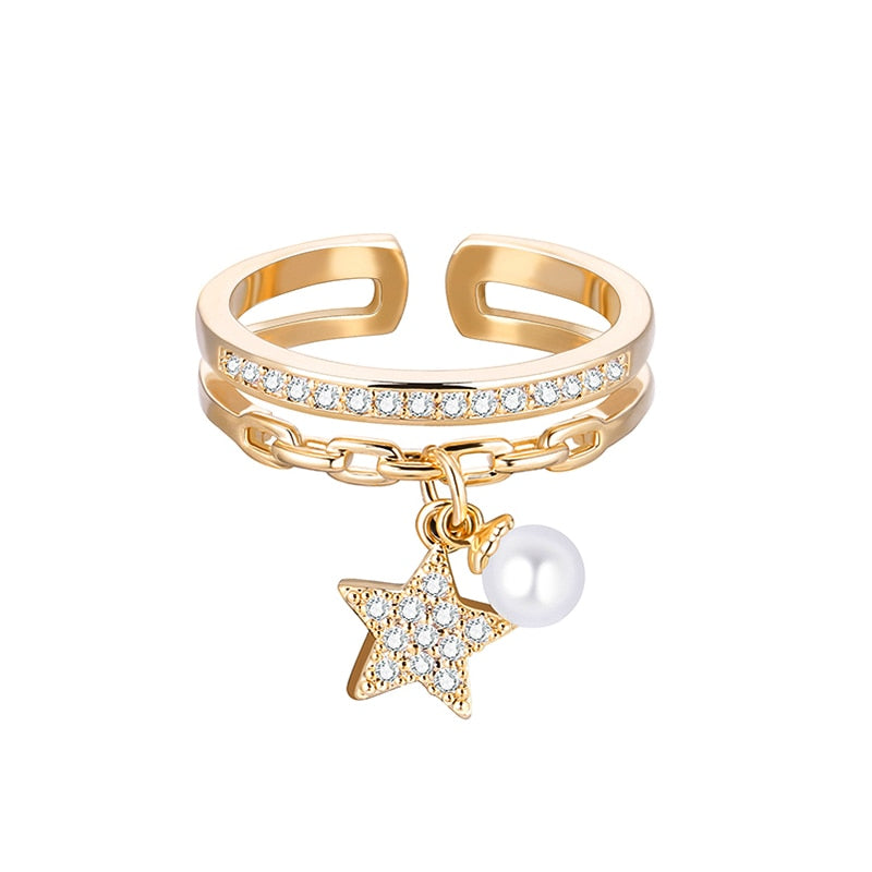 Gold Silver Color Ring for Women Classic Adjustable Size Plus Imitation Pearl CZ Star Pendant Elegant Jewelry Accessories 2022