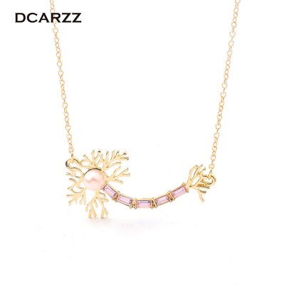 Gold/Silver Colors Neuron Pendant with Pink Pearl and Crystals Necklace Medical Jewelry Gift for Doctor/Nurse Chemistry Jewelry