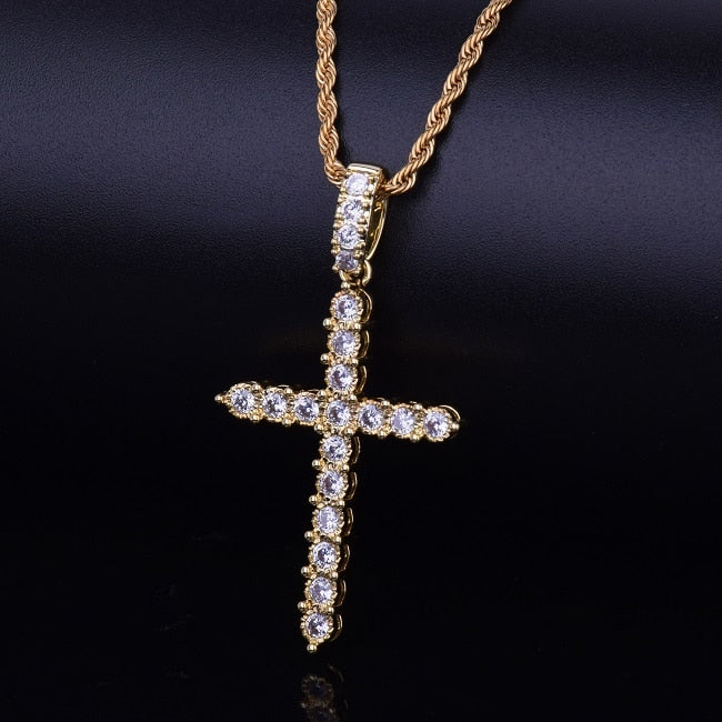 Gold Silver Cubic Zircon Cross Pendant Necklace Copper Material Bling C Men Women Hop Jewelry With Cuban/Rope Chain