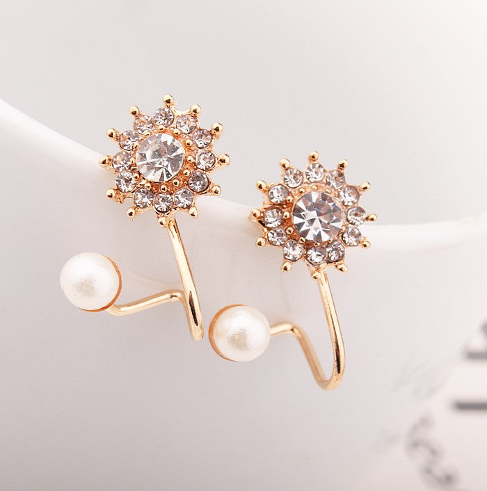 Gold Silver Rose Gold U Ear Cuff Earrings Sunflower Pearl stud Earrings For Women Fine Jewelry E-528